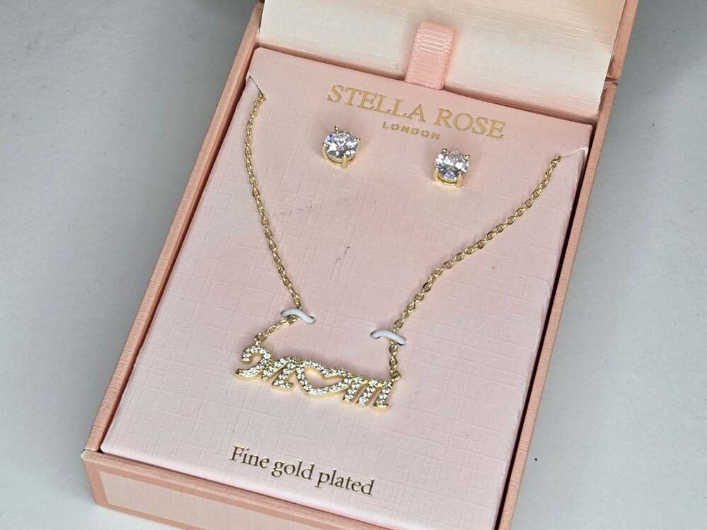 Stella Rose London Fine Gold Plated CZ Mom Necklace And Stud Earrings Set